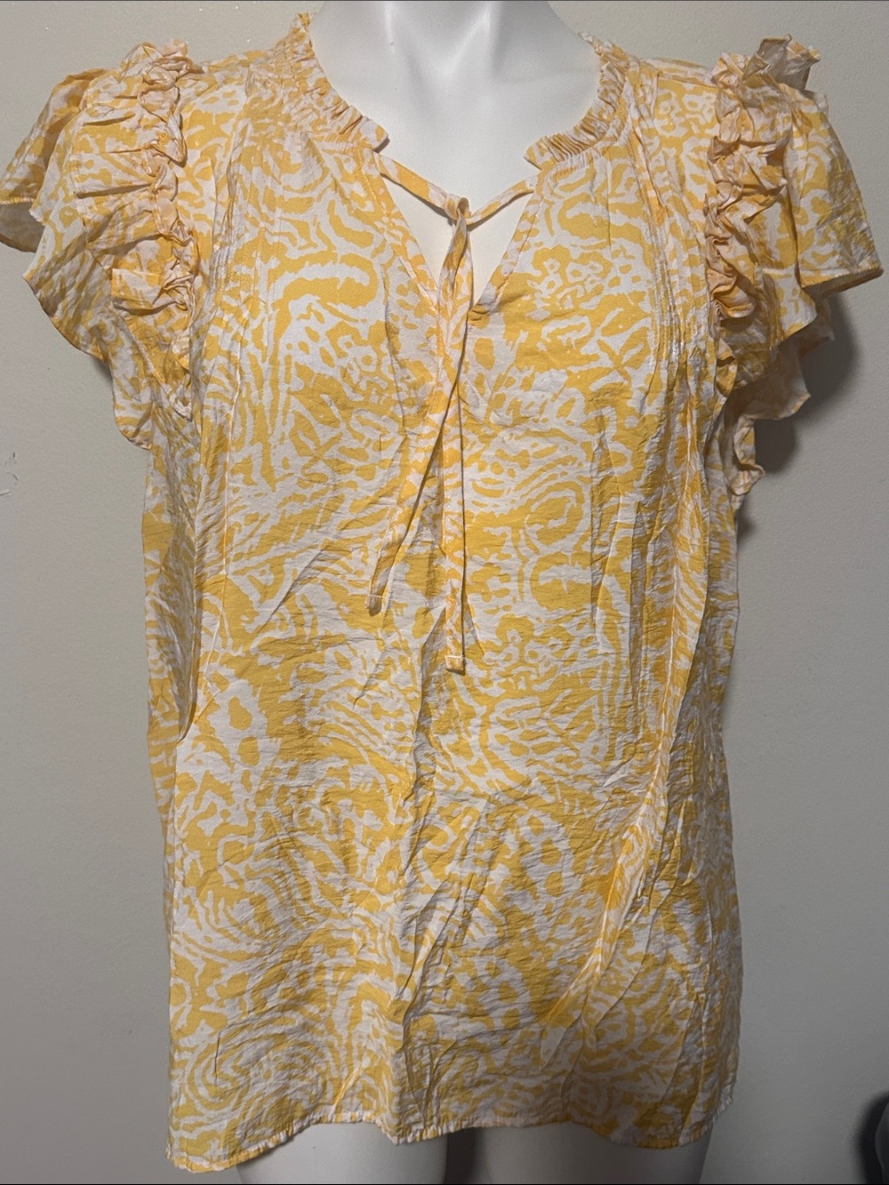 Sonoma Yellow and White Floral Tie-Front Ruffle Sleeve Blouse